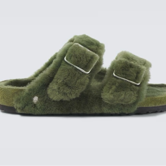 Green Fuzzy Slide Sandals - Picture 2 of 4